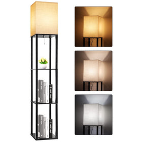RUNTOP floor lamp with shelves showing three-tier display for photos and decor, ideal for living rooms.