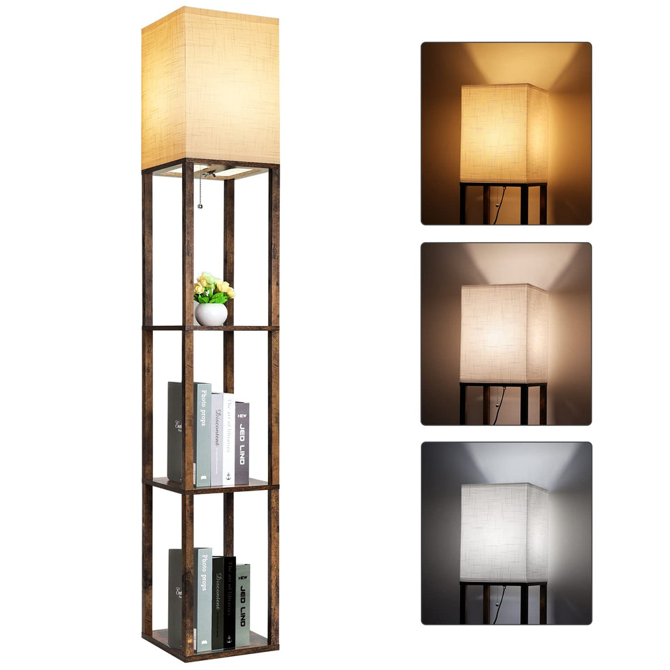 RUNTOP floor lamp with three brown wooden shelves for display.