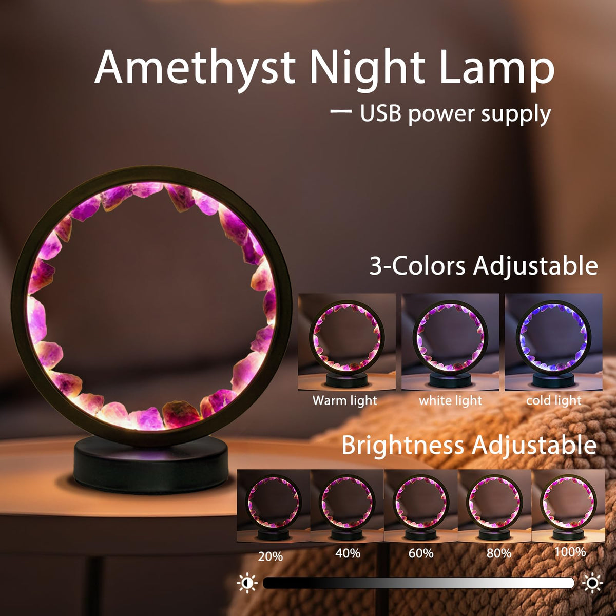 Runyangshi Amethyst Night Lamp 3 colors for customizable mood lighting