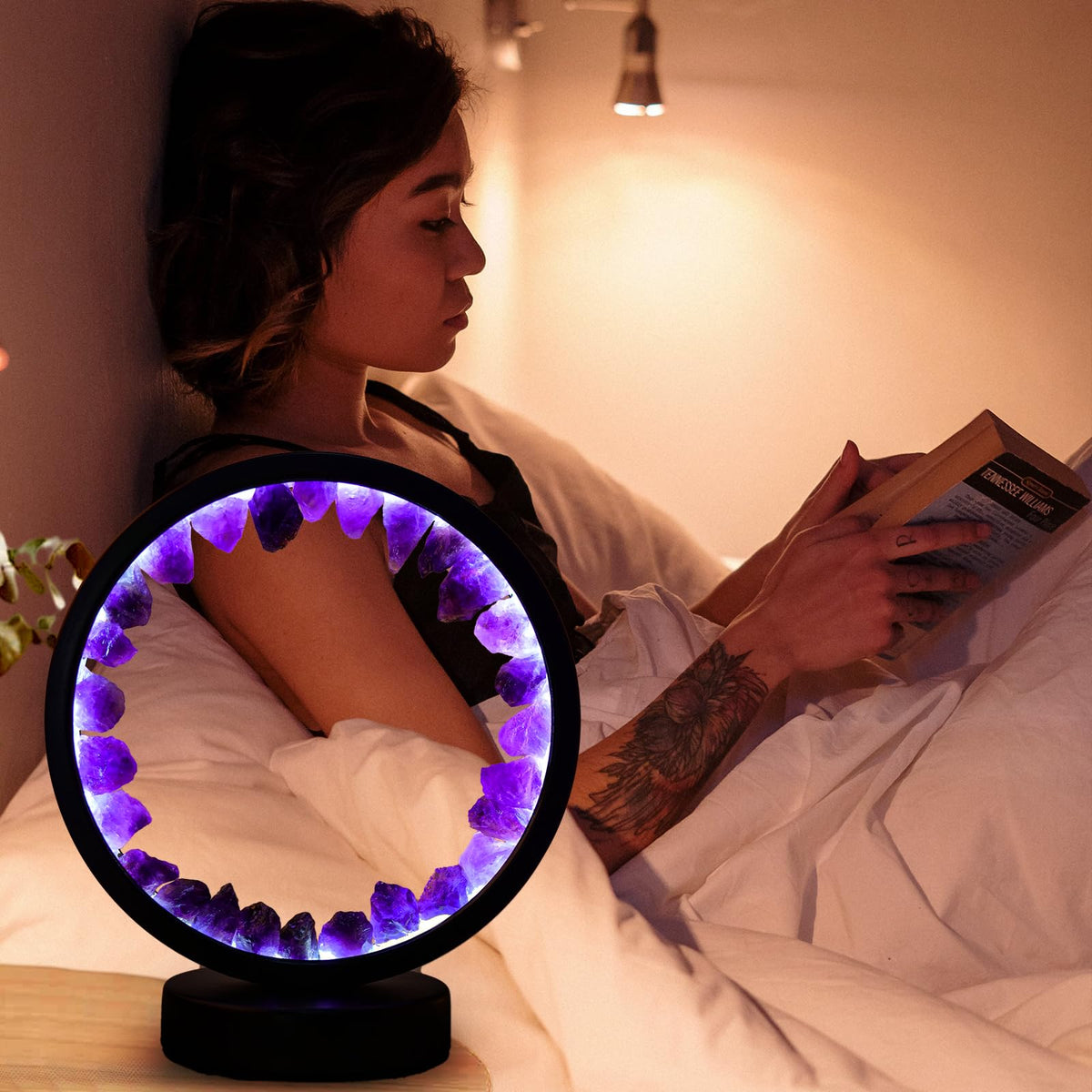 Runyangshi Amethyst Night Lamp creates calming bedroom ambience