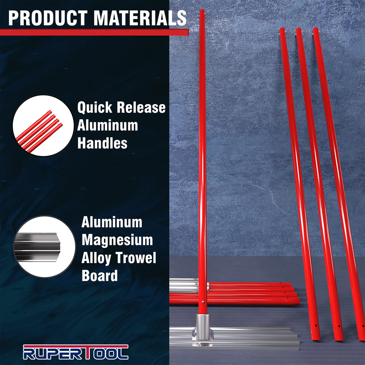 Rupertool screeding and finishing kit designed for large-area pours