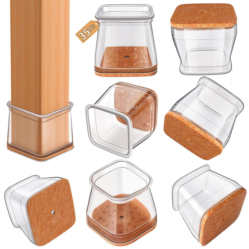 RUSIDO 35pcs square chair leg protectors on square legs protect hardwood floors from scratches.