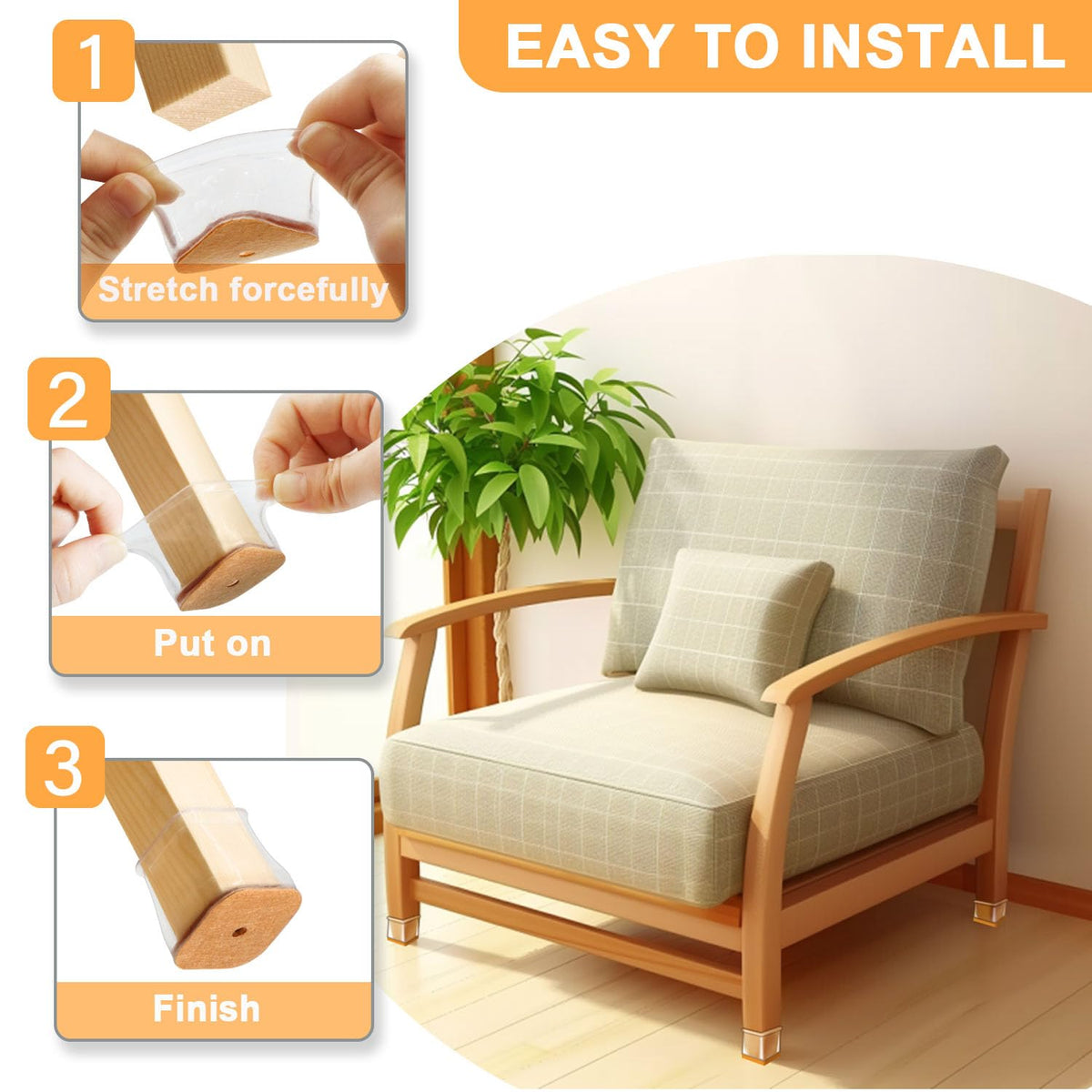 RUSIDO chair leg protectors on wood floor close-up show the low-friction felt bottom reducing noise.