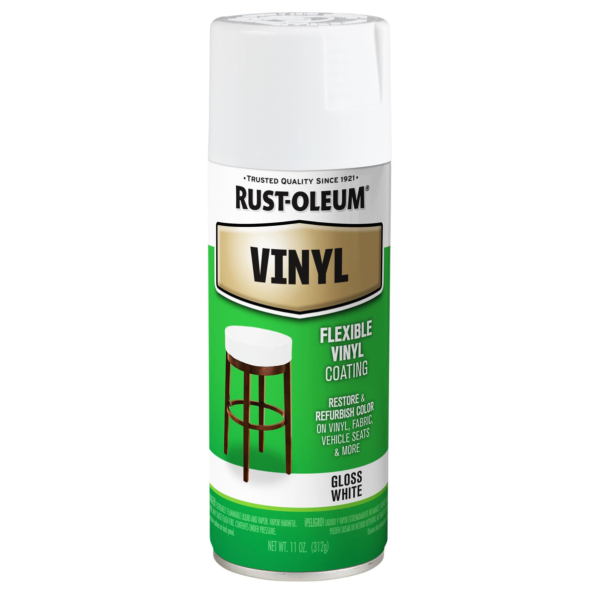 Rust-Oleum 1911830 vinyl spray can front view shows flexible, lasting white color.