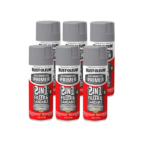 Rust-Oleum 260510 6-pack primer bottle demonstrates the 2-in-1 filler capability for a smooth base.