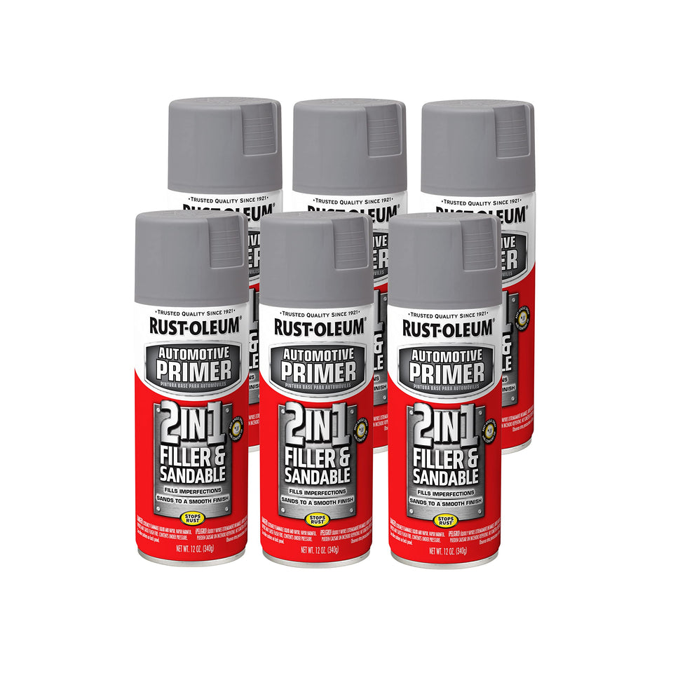 Rust-Oleum 260510 6-pack primer bottle demonstrates the 2-in-1 filler capability for a smooth base.