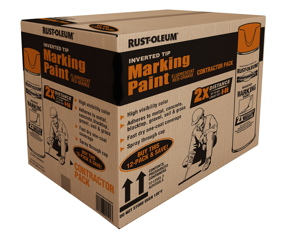 Rust-Oleum 2X Distance inverted marking spray in fluorescent red-orange for high-visibility outdoor markings