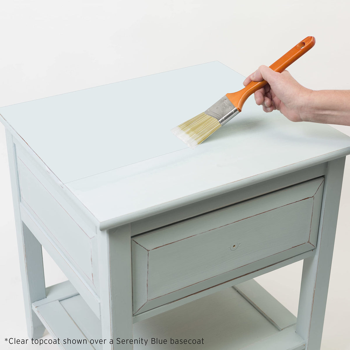 Rust-Oleum chalked topcoat showing low odor and easy soap-and-water cleanup