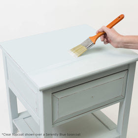 Rust-Oleum chalked topcoat showing low odor and easy soap-and-water cleanup