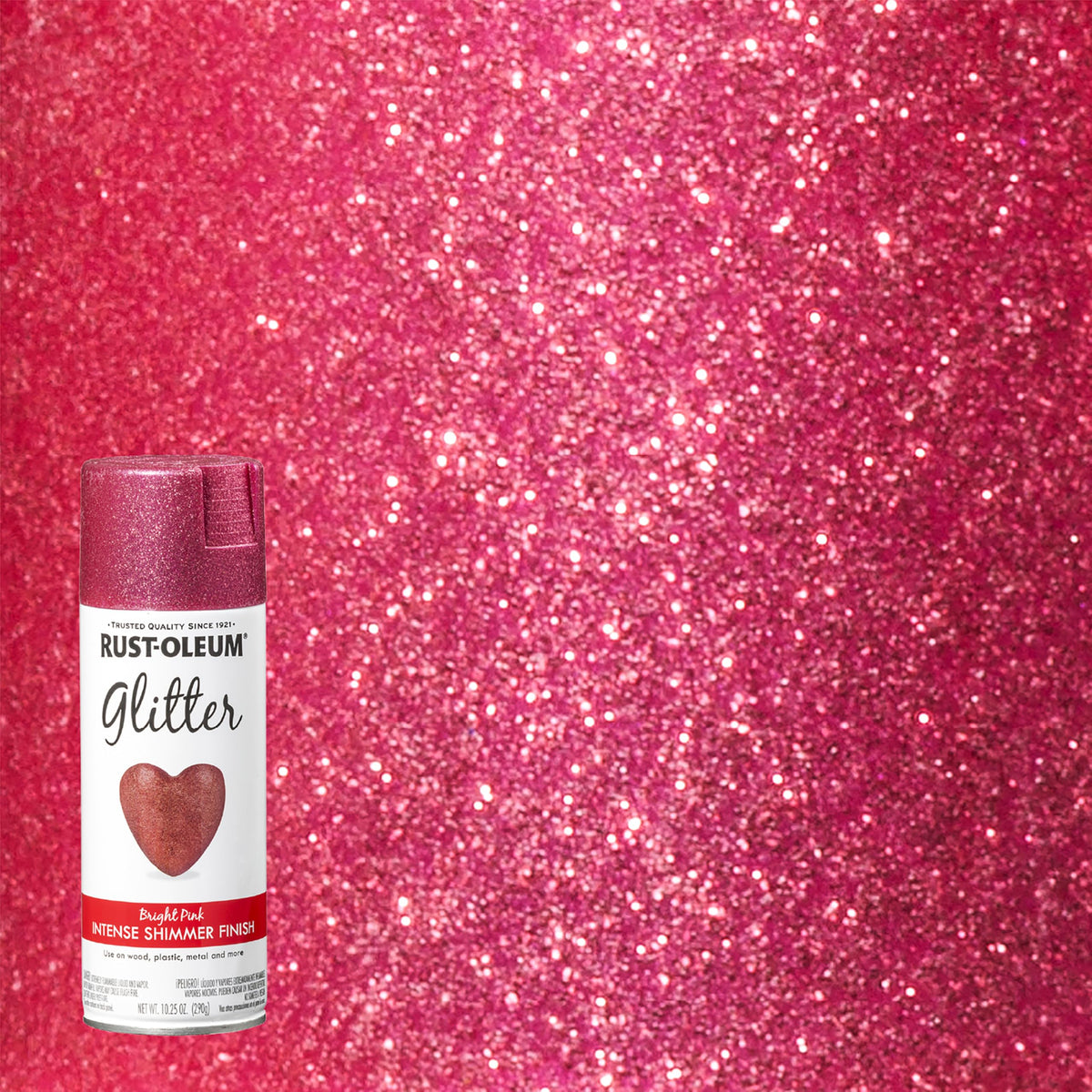 Rust-Oleum glitter spray on wood adds vivid pink shimmer.
