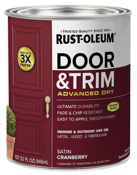 Rust-Oleum Advanced Dry Door & Trim Paint Cranberry Satin bottle for rapid door refresh.