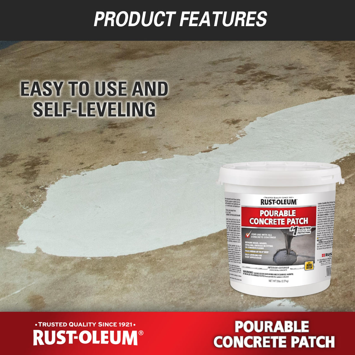 Rust-Oleum 369667 patch poured into a hole on a concrete floor