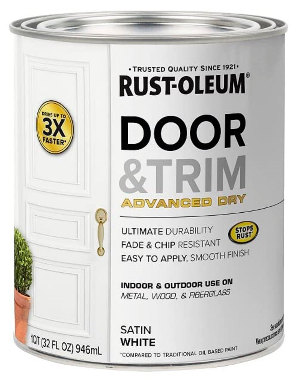 Rust-Oleum Advanced Dry Door & Trim Paint satin white for quick coverage on doors.