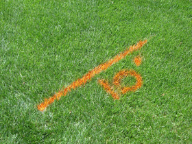 Rust-Oleum AF1600 athletic field striping on grass delivers quick-dry lines.