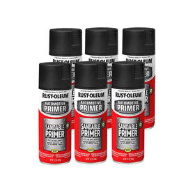 Rust-Oleum automotive sandable primer spray 12 oz black can, ideal base coat for metal.