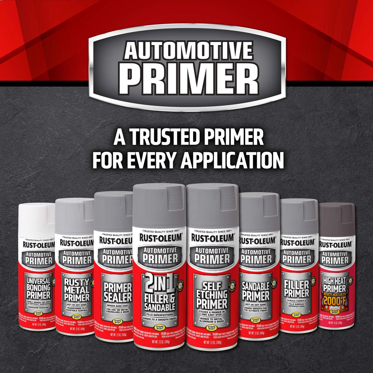 Rust-Oleum primer suitable for wood metal fiberglass surfaces.