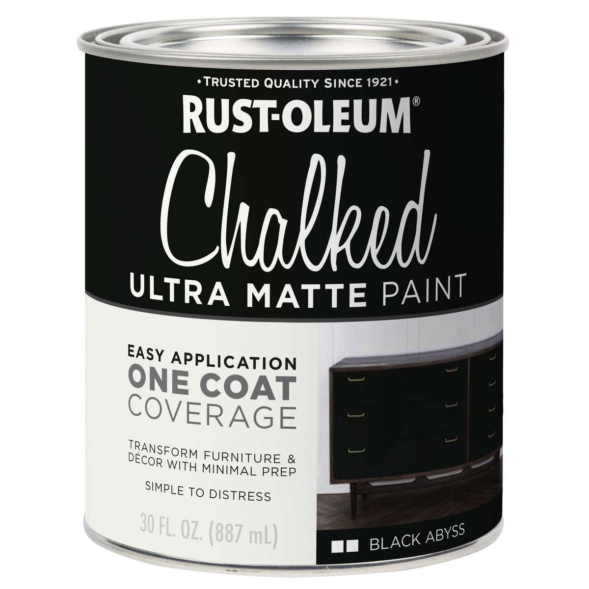 Rust-Oleum Black Abyss Chalked paint bottle ready for one-coat furniture refresh.