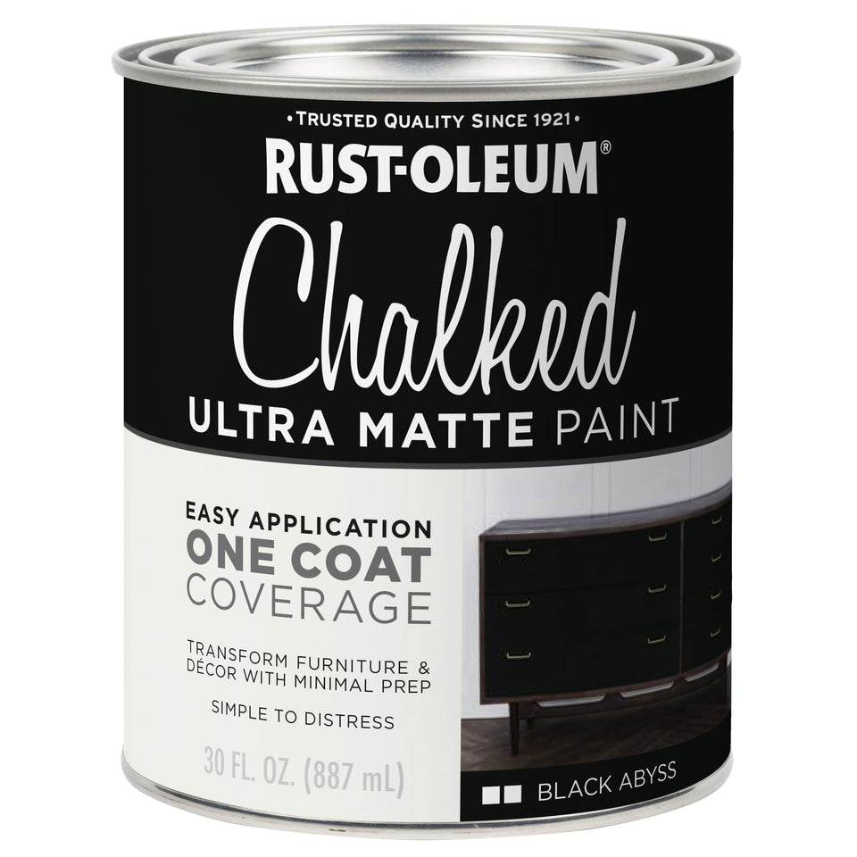 Rust-Oleum Black Abyss Chalked paint bottle ready for one-coat furniture refresh.