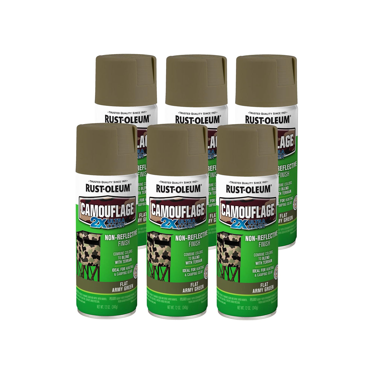 Rust-Oleum Camouflage 2X Army Green spray on outdoor gear for camouflage and protection.