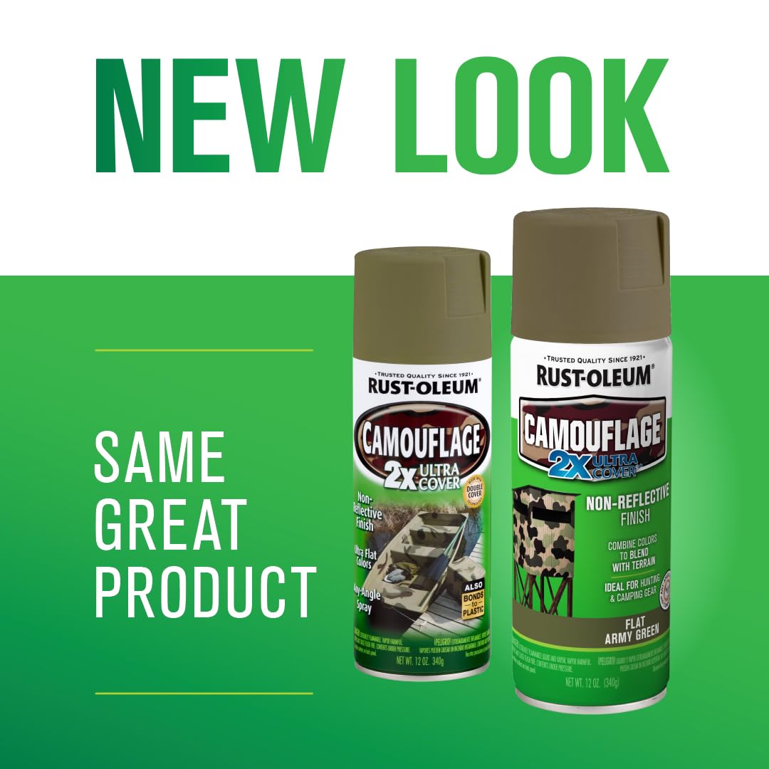 Rust-Oleum Camouflage 2X Army Green spray on metal surfaces for durable hiding power.