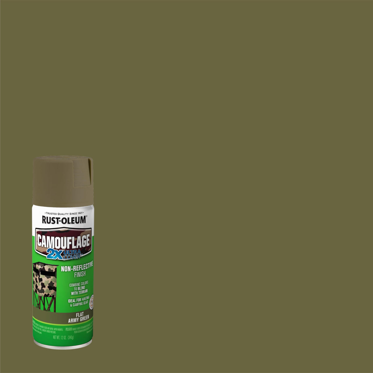 Rust-Oleum 2X Army Green on wood provides ultra flat finish.