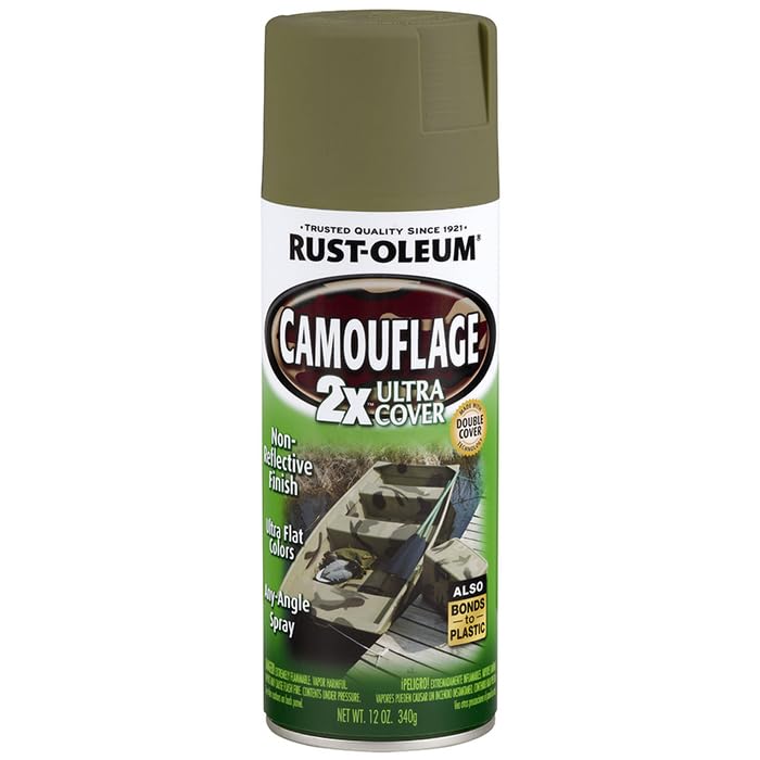 Rust-Oleum camouflage 2X coats plastic with quick dry time.
