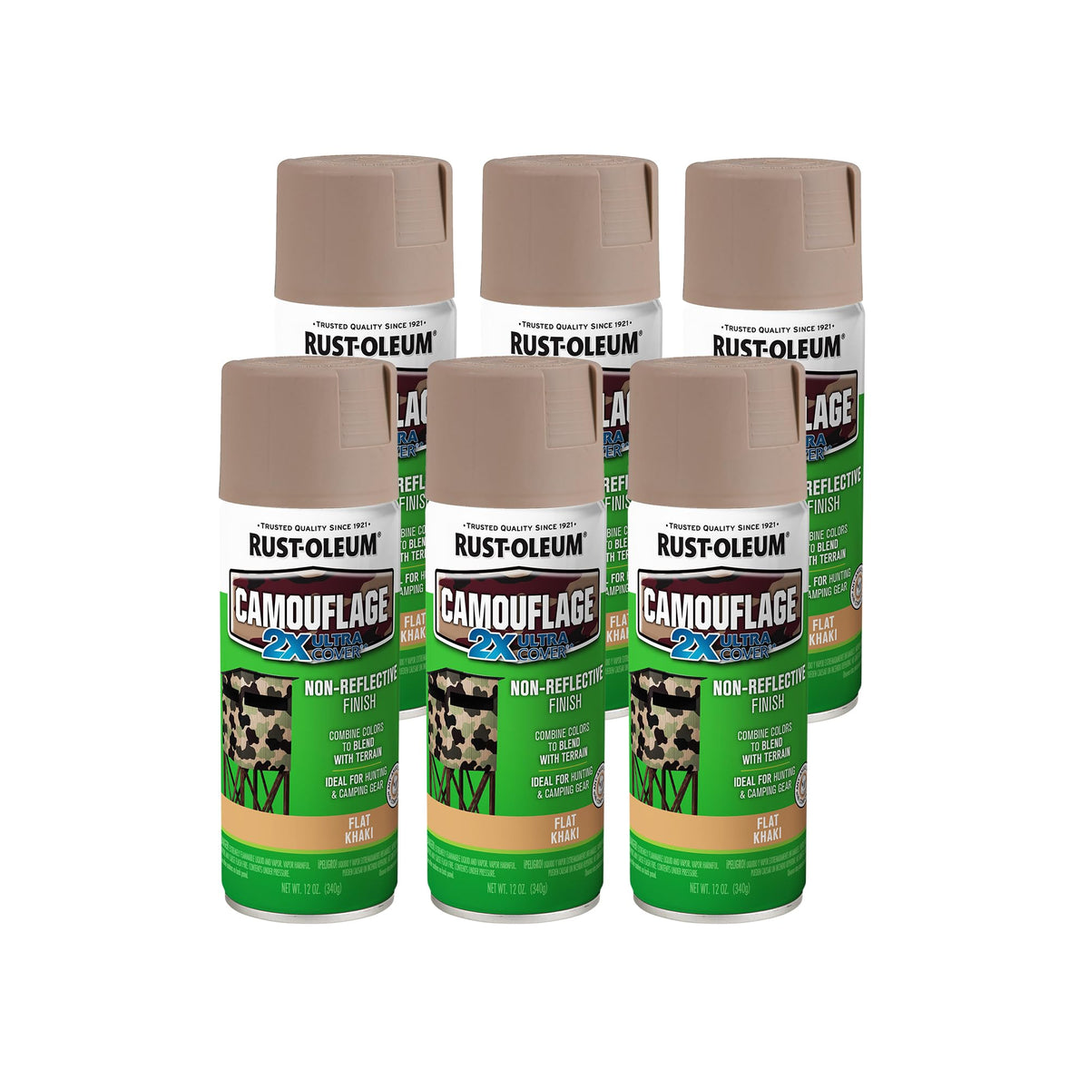 Rust-Oleum Camouflage 2X Ultra Cover khaki spray paint shows even coverage on metal surfaces.