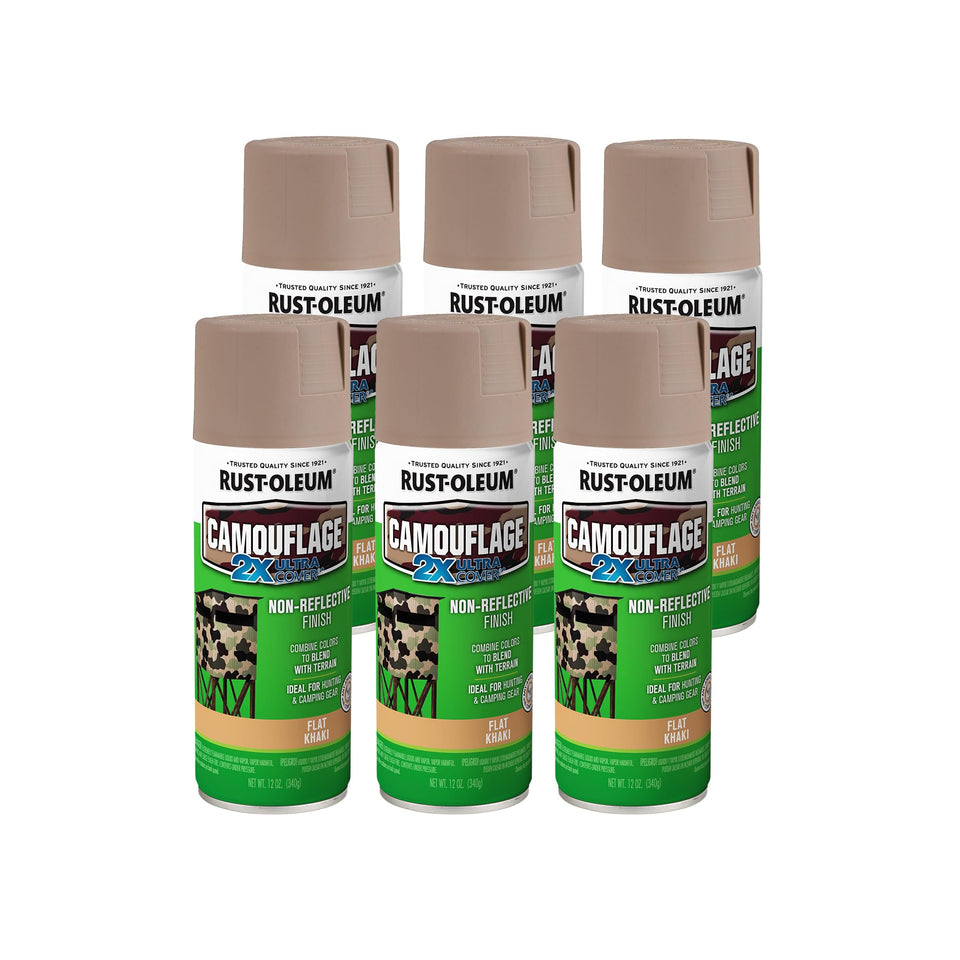 Rust-Oleum Camouflage 2X Ultra Cover khaki spray paint shows even coverage on metal surfaces.