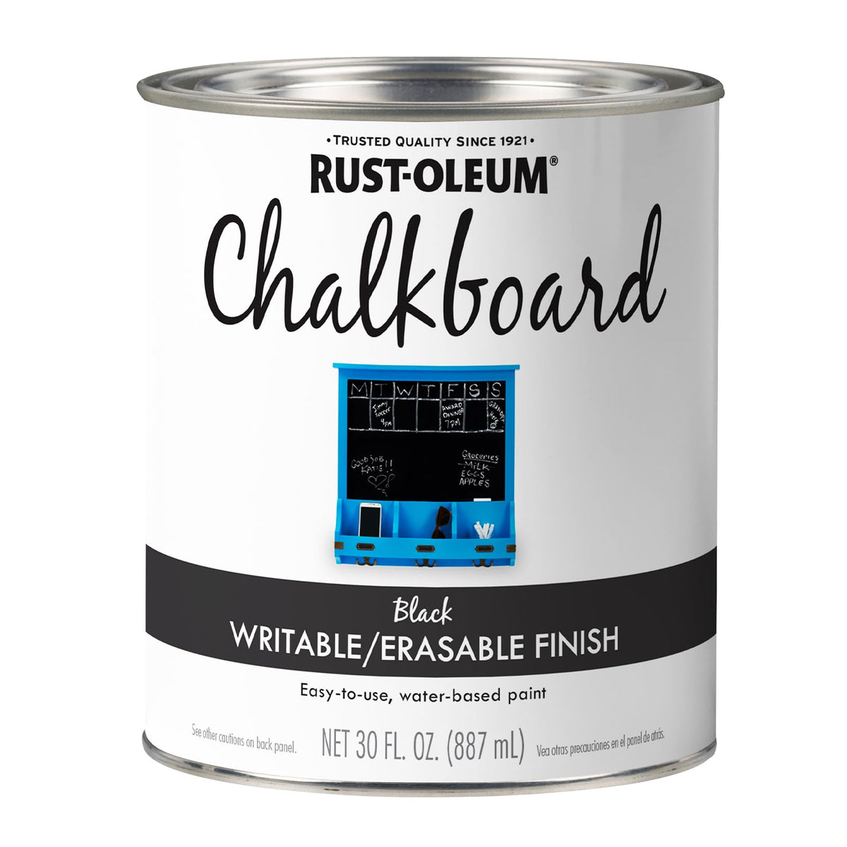 Rust-Oleum Chalkboard Paint bottle ready for indoor chalkboard projects on various surfaces.