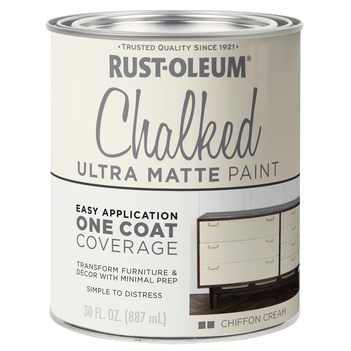 Rust-Oleum Chiffon Cream Chalked paint bottle being poured for a smooth finish.