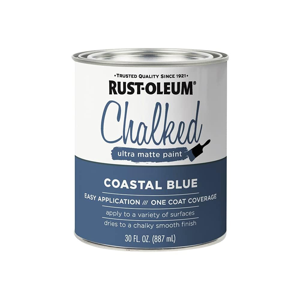 Rust-Oleum Coastal Blue Chalked bottle demonstrates beginner-friendly color with no-primer-needed setup.