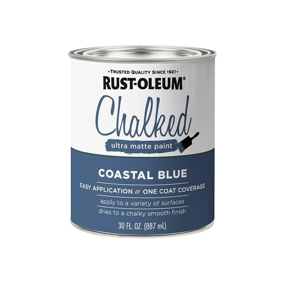 Rust-Oleum Coastal Blue Chalked bottle demonstrates beginner-friendly color with no-primer-needed setup.