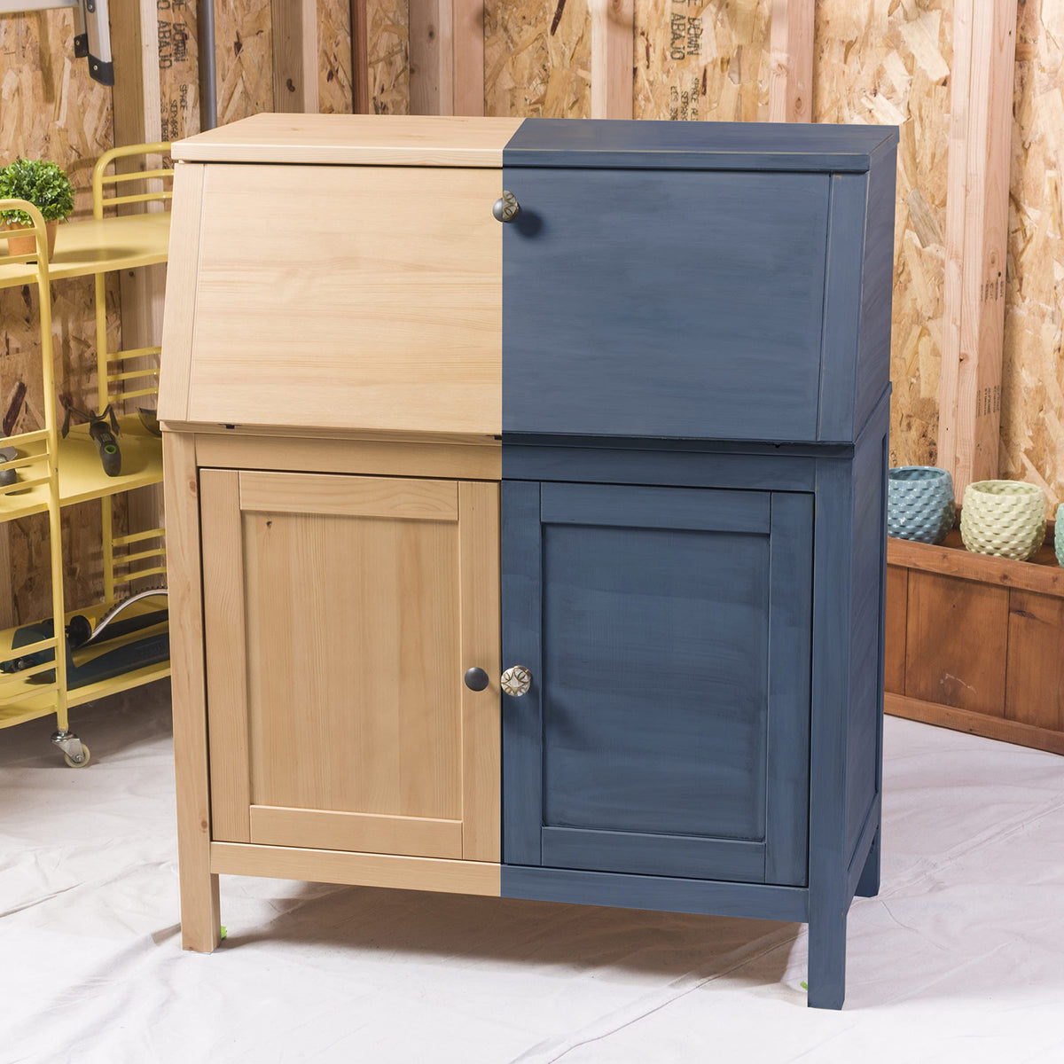 Rust-Oleum Coastal Blue Chalked before-after cabinet reveals dramatic transformation.