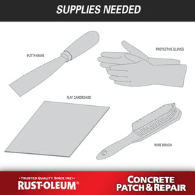 Rust-Oleum patch works with any concrete coating for versatile repairs.