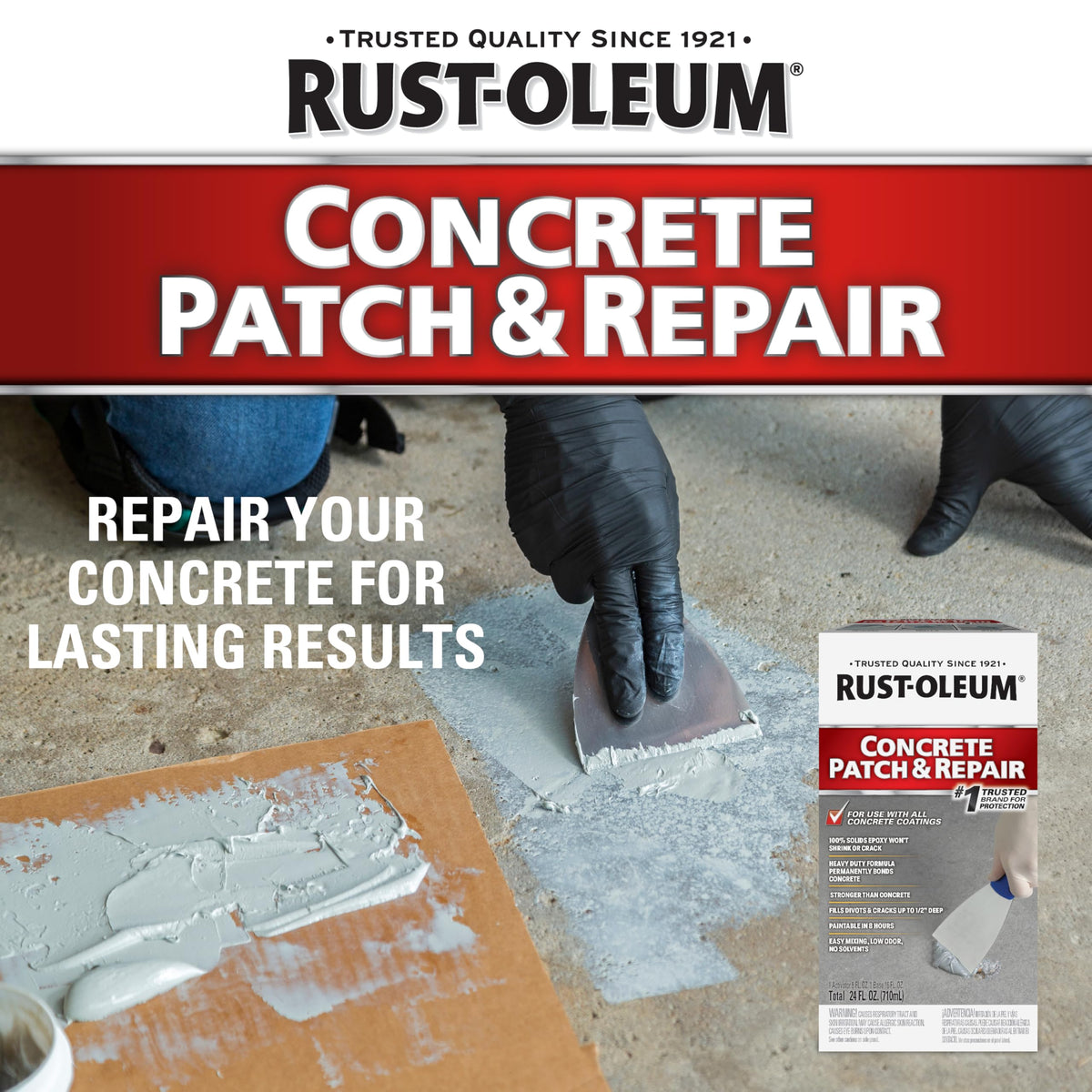 Rust-Oleum epoxy mix shown for durable concrete bonding during repair.