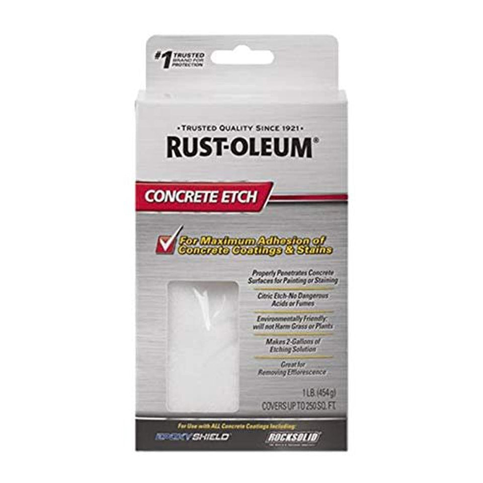 Rust-Oleum Concrete Preparation Etch packaging—eco-friendly formula priming surfaces for coatings.