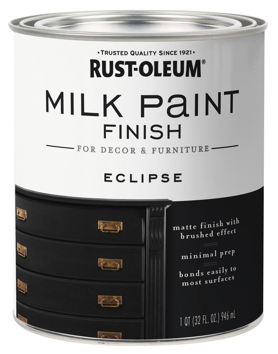 Rust-Oleum Eclipse Milk Paint shows a brushed-effect finish on furniture highlighting grain.