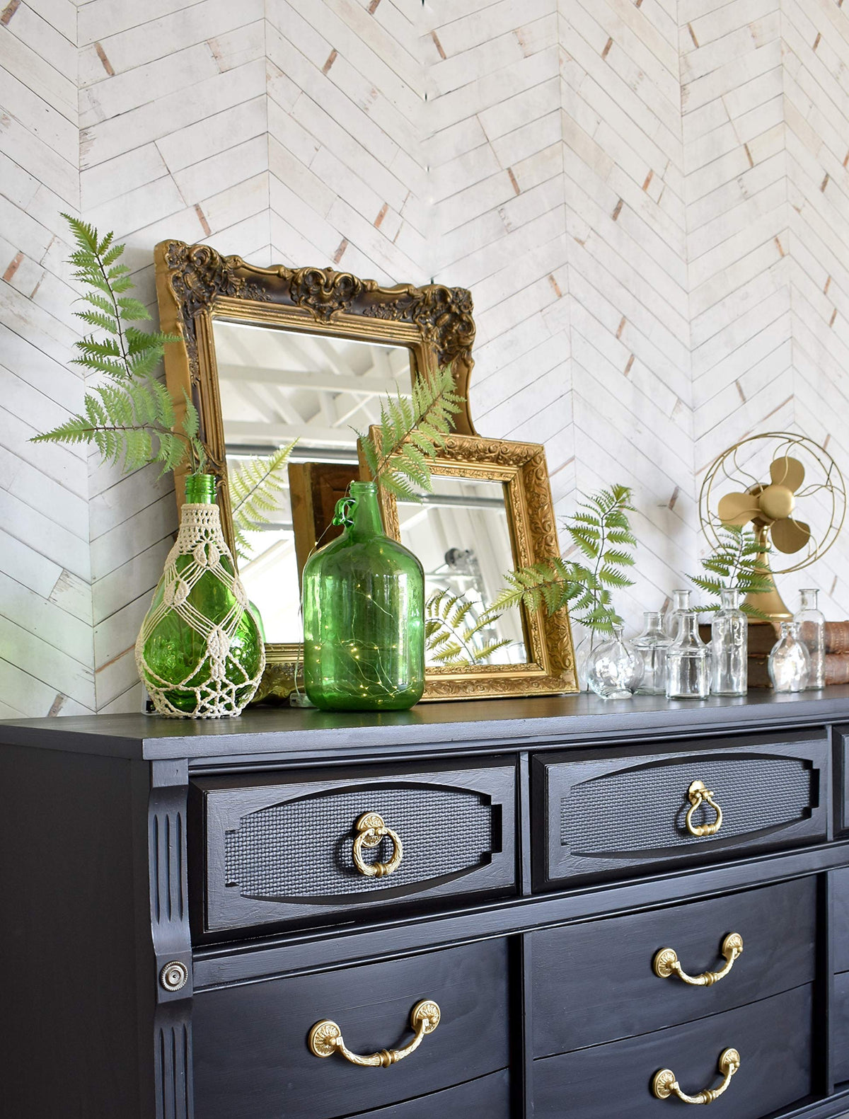 Rust-Oleum Eclipse Milk Paint layered in a V-pattern for a vintage wash texture.