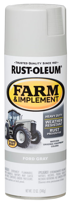 Rust-Oleum Farm & Implement Ford Gray spray paint can for metal and wood, delivering durable rust protection.