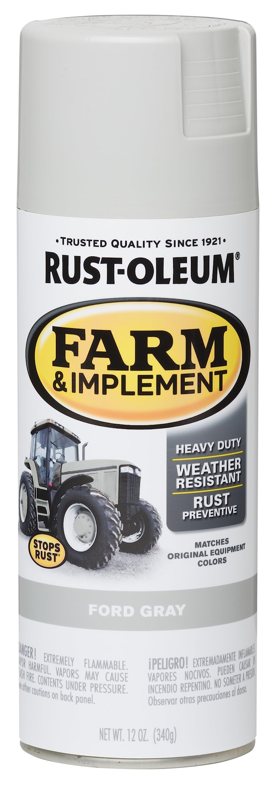 Rust-Oleum Farm & Implement Ford Gray spray paint can for metal and wood, delivering durable rust protection.
