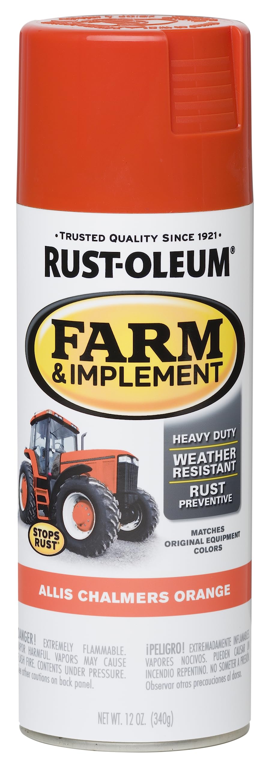Rust-Oleum Farm & Implement orange spray can on tractor for durable coating