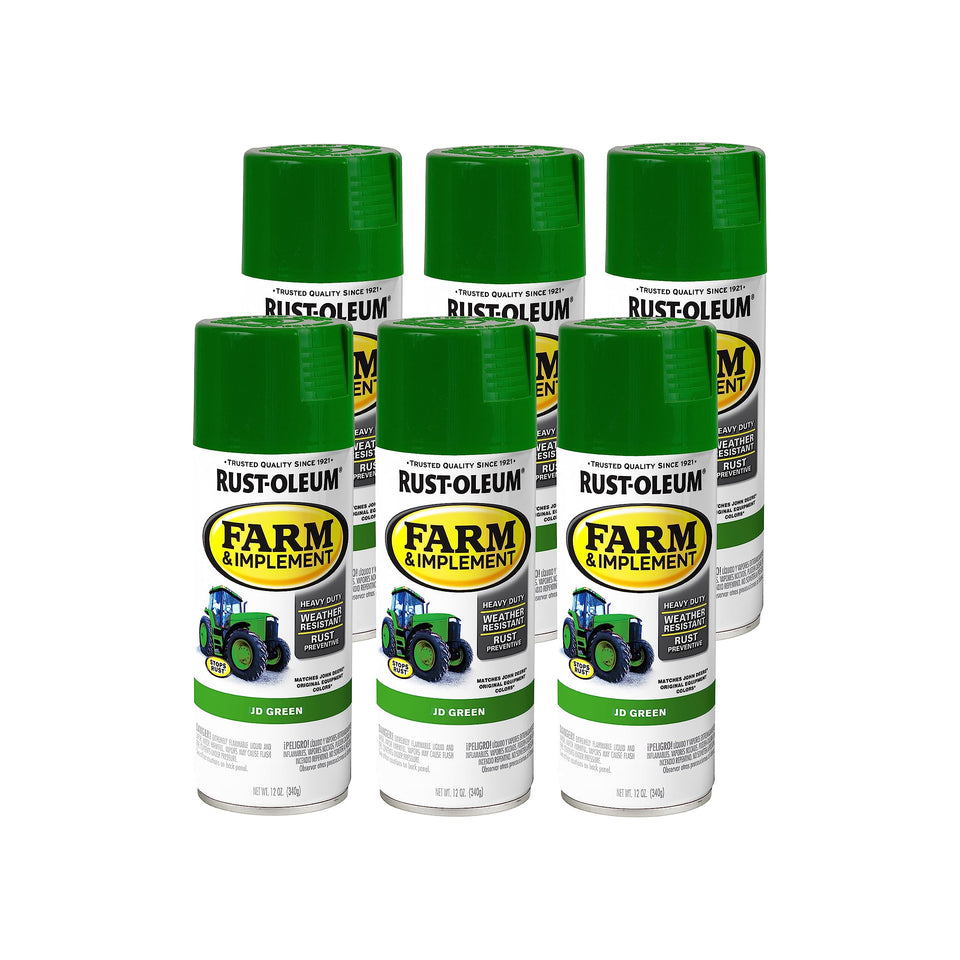 Rust-Oleum Farm & Implement JD Green spray paint can for tractor protection.