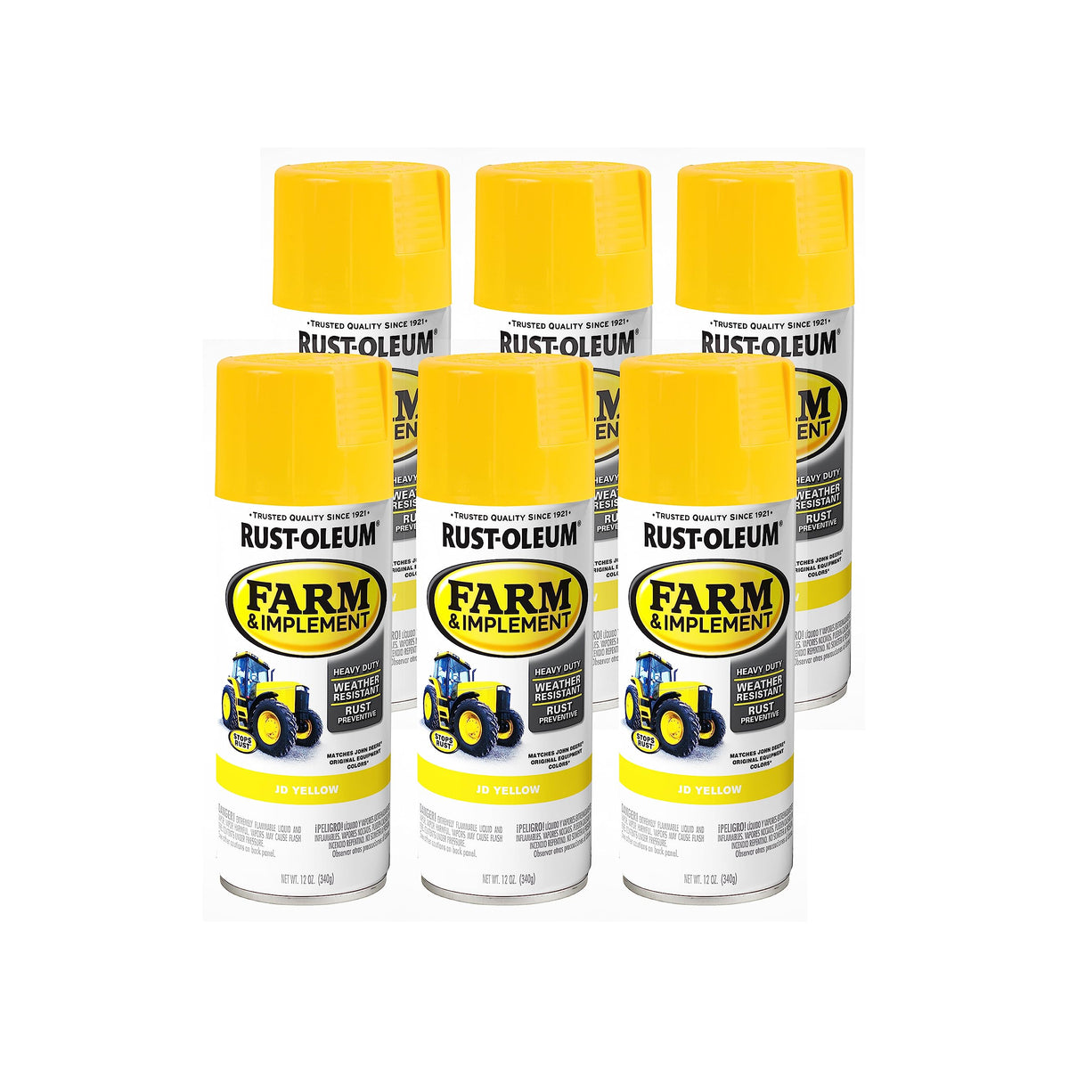 Rust-Oleum Farm & Implement spray paint can label highlights OEM color match for equipment.