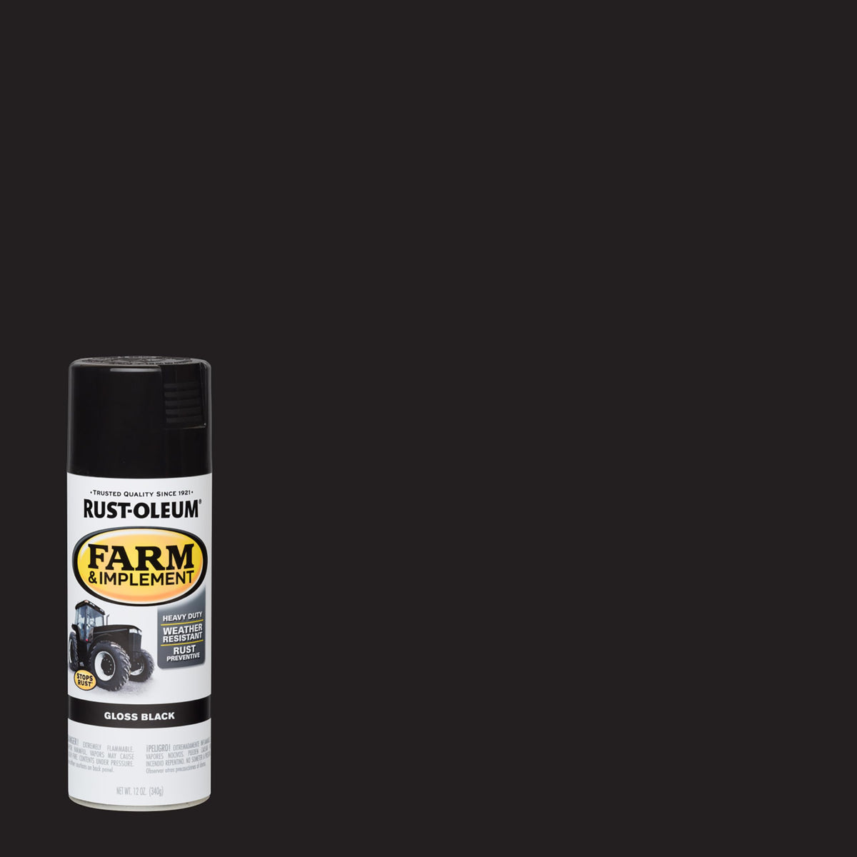 Rust-Oleum Farm & Implement gloss black spray paint back label with drying time.