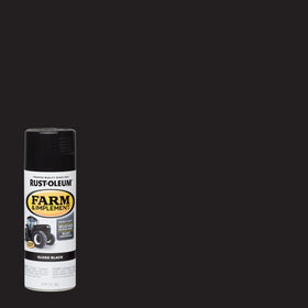 Rust-Oleum Farm & Implement gloss black spray paint back label with drying time.