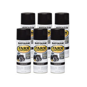 Rust-Oleum Farm & Implement gloss black spray paint front label showing OEM color match.