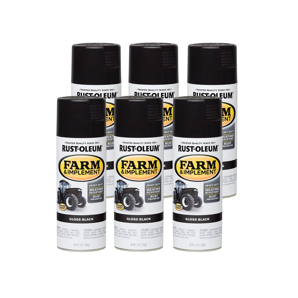 Rust-Oleum Farm & Implement gloss black spray paint front label showing OEM color match.