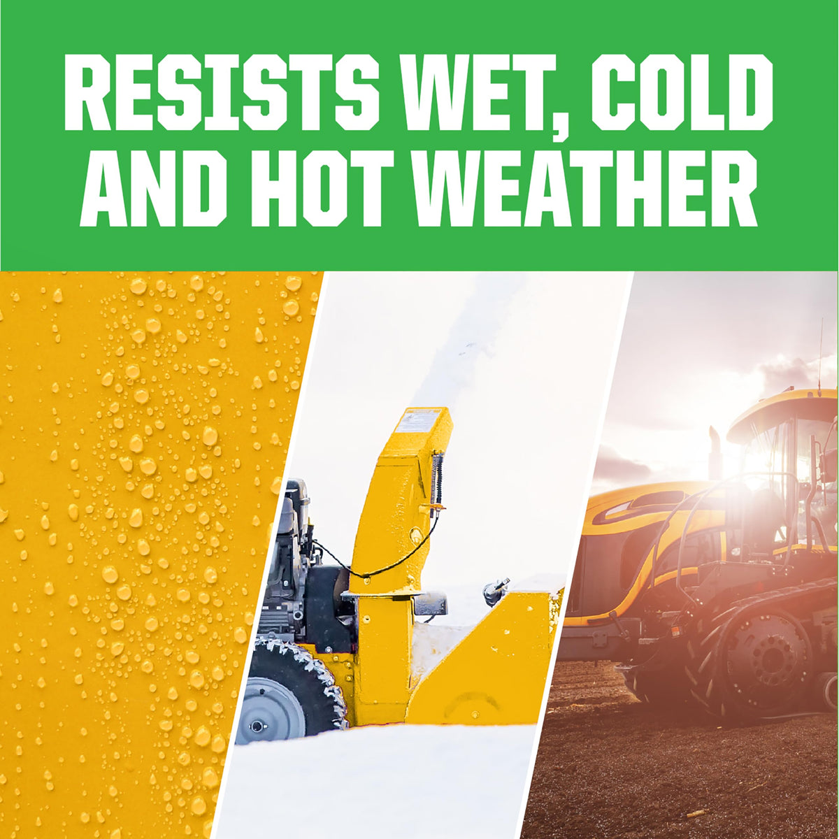 Rust-Oleum Farm & Implement spray paint shows JD yellow finish on machinery.
