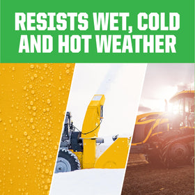 Rust-Oleum Farm & Implement spray paint shows JD yellow finish on machinery.