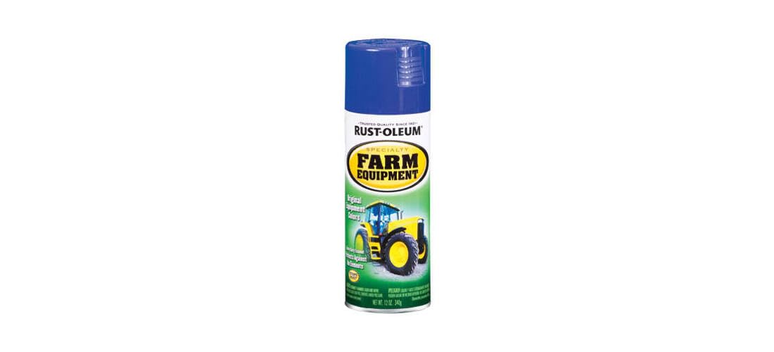 Rust-Oleum Ford Blue spray paint on farm implements for rust protection and color